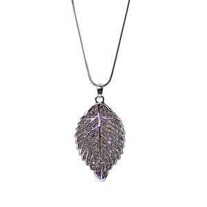 Sparkling large leaf pendant necklace with clear crystals inside the pendant